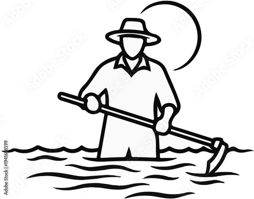 Farmer with a hoe works in flooded field under sun