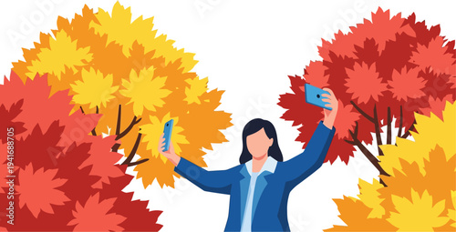 Modern woman taking a selfie in front of colorful maple tree leaves