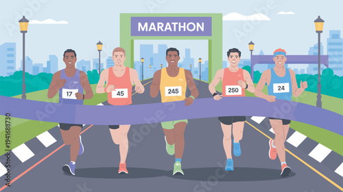 A group of diverse athletes crossing the finish line in a marathon with a city skyline in the background