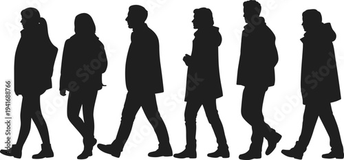 Group of people silhouettes walking in winter coats and autumn jackets, featuring men and women in warm clothing for seasonal outdoor transit concepts
