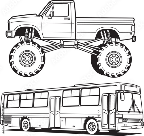 Line drawings of a monster truck and a school bus