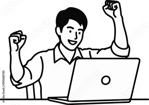 Excited man with fists raised, celebrates success in front of laptop