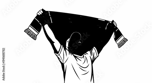 Person holding up scarf, arms raised in victory, cheering