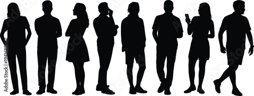 Set of casual people silhouettes in various poses, including men and women standing, walking, and using a phone, perfect for community and lifestyle design projects