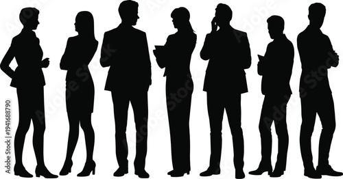 Set of business people silhouettes in professional poses, including men and women in suits standing, talking on phone, and holding tablets for corporate teamwork concepts