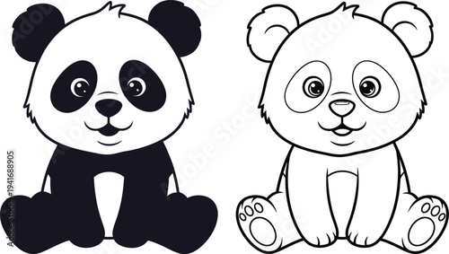 Colored and uncolored cartoon panda bears