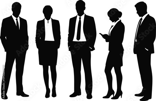 Set of business people silhouettes in professional formal suits standing in various poses, corporate team group, diverse office workers, and entrepreneurs isolated on white.