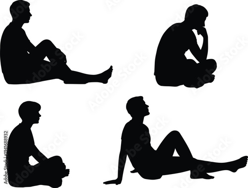 Vector silhouettes of a young man sitting and relaxing in various poses on the floor for lifestyle leisure meditation thinking and casual home concepts