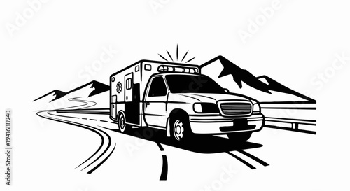 Emergency vehicle speeding on mountain road under starry night