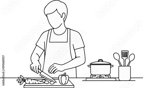 Person in apron chopping vegetables on a cutting board with kitchen tools