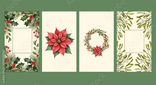 Set of 4 Watercolor Christmas Holiday Vertical Card Templates with Poinsettia, Holly, Berries, Pine, and Mistletoe for Festive Invitations and Social Media Stories