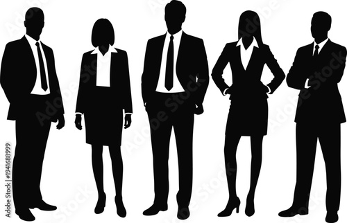 Vector silhouettes of diverse professional business people and young students standing in formal suits and casual attire for corporate recruitment education and community leadership
