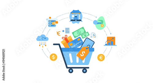 E-commerce Digital Shopping Ecosystem: Online Payment, Cloud Data, and Financial Transactions Flow Illustration