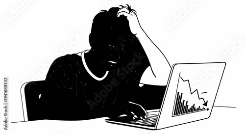 Person in distress looking at a laptop displaying a downward trend graph