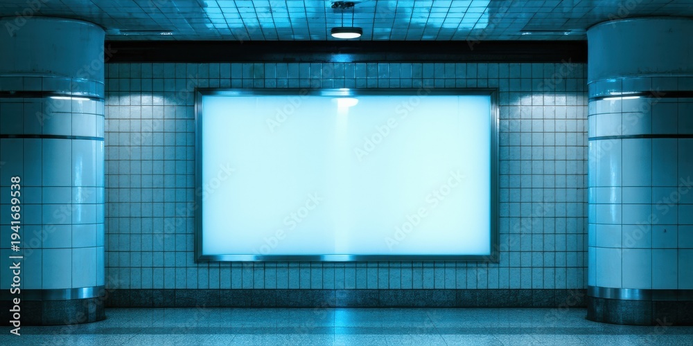 Fototapeta premium Subway tunnel features illuminated blank billboard. Blue tones dominate interior space, creating dramatic effect. Minimalist composition.