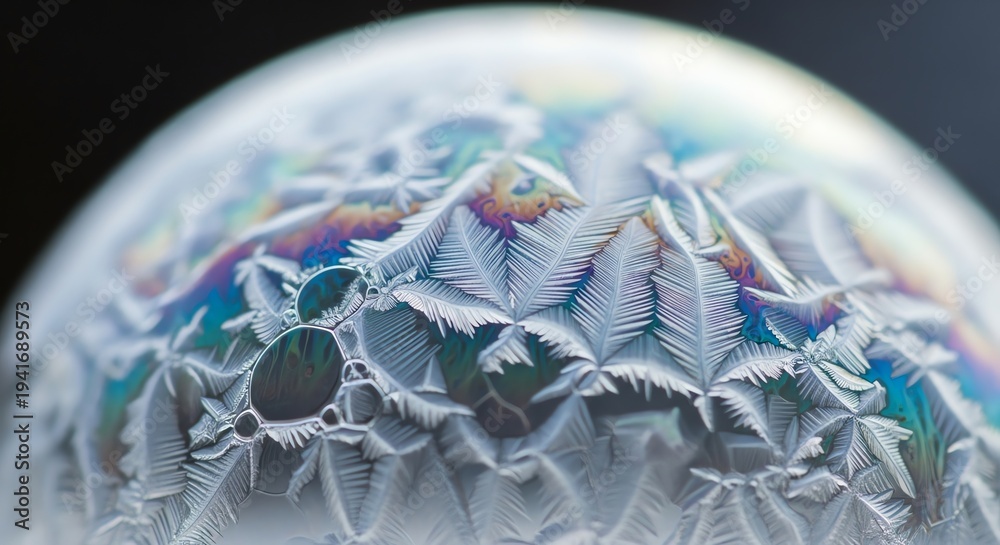 Obraz premium Close-up of a soap bubble with intricate rainbow-colored patterns and icy surface details.