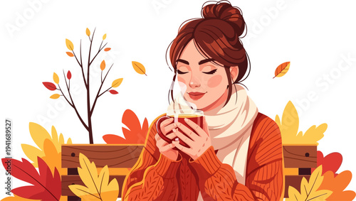 Peaceful woman sipping hot coffee on a park bench during fall