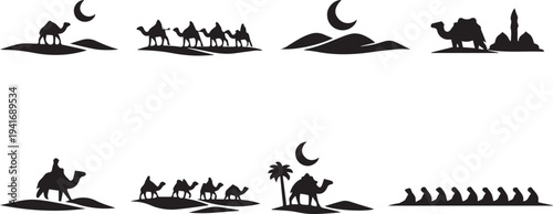 A black vector illustration of a nature frame featuring grass, tree silhouettes, and flying birds against a sunset sky design for holiday decoration