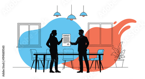 Vector illustration of two people in office setting with blue and orange design elements