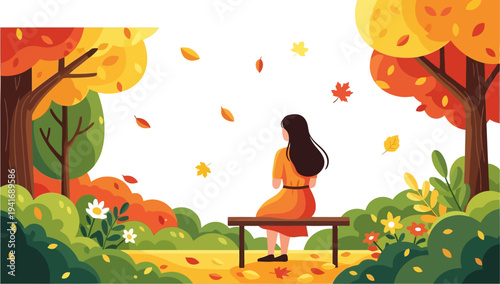 Pensive woman sits on a garden bench as autumn leaves fall