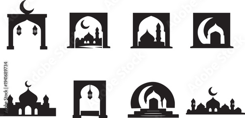 A professional set of vector icons and silhouette illustrations featuring mosque architecture and religious symbols designed for travel business logos and building signage