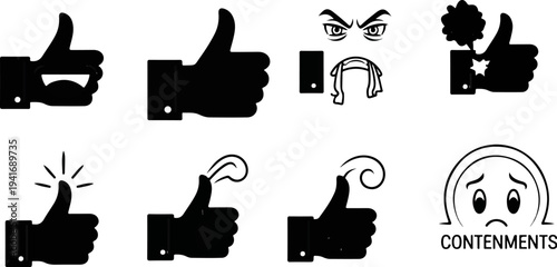 Eight diverse thumbs up icons, a face with angry eyes and beard, and a sad face