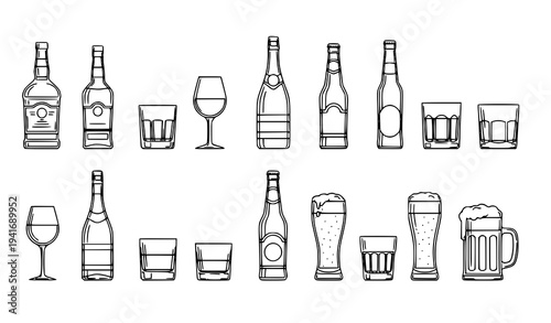 Alcohol bottles and glasses line art vector collection drinkware outline set isolated on white
