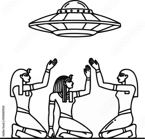 Egyptian figures in ancient art look up to a flying saucer