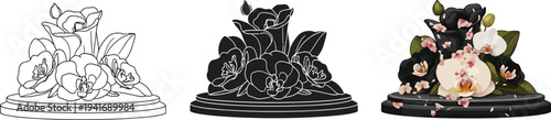 Versatile floral arrangement featuring elegant orchids in outline silhouette and realistic styles ideal for decorative design elements and luxury branding