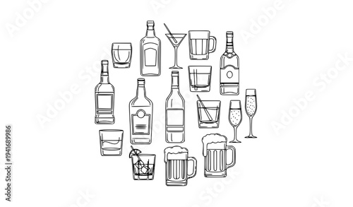 Line art alcohol bottle and glass vector set with bar drinkware outlines isolated on white