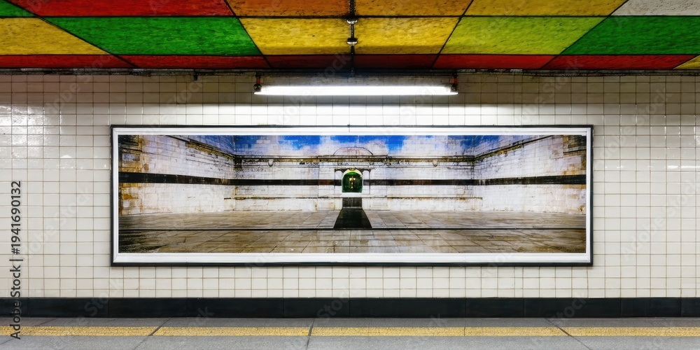 Fototapeta premium Subway station interior features colorful ceiling tiles, poster displaying room with doorway, tiled walls, platform flooring. Bright light illuminates scene.