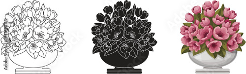 A set of floral arrangements in three distinct styles including outline silhouette and full-color illustration perfect for spring designs and decorative elements