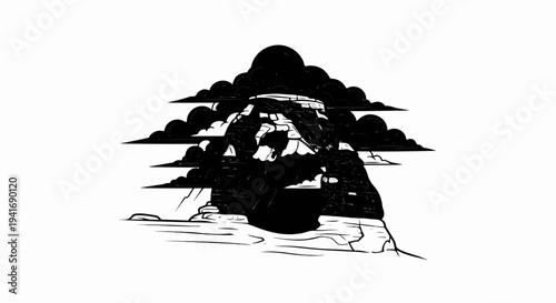 Dramatic cloudy skies loom over a rugged, rocky peak with foreground terrain