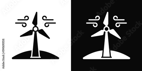 Wind Turbine Icon In Black And White Filled Style.