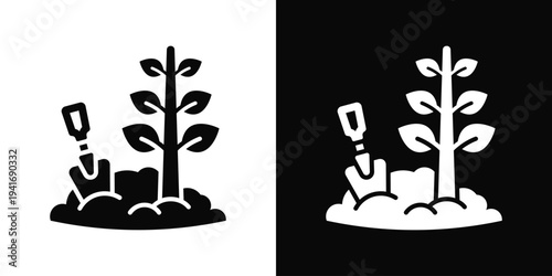Tree Planting Icon In Black And White Filled Style.