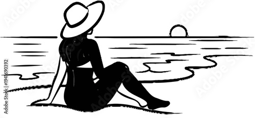 Person in swimsuit and hat sits by the water as the sun sets