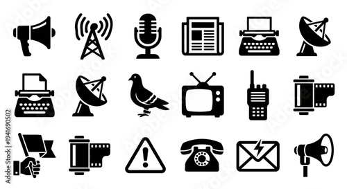 Solid black icons for communications and propaganda. Megaphones, radio towers, and news media collection. Vector illustration for broadcasting apps, historical journalism blogs, and strategic messagin