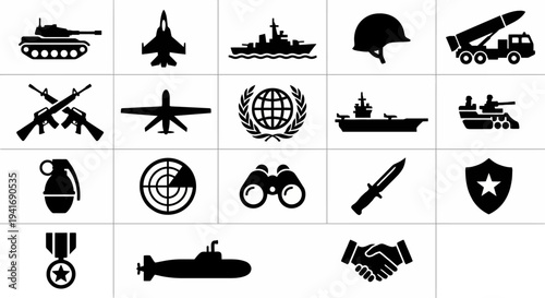 Solid black icons for warfare, defense, and global geopolitics. Tanks, fighter jets, and diplomatic symbols collection. Vector illustration for news apps, military history blogs, and strategic defense
