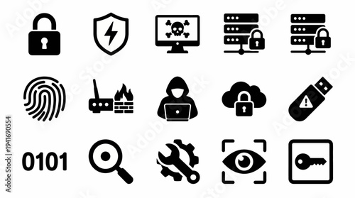 Solid black icons for cybersecurity and digital warfare. Hacker profiles, network firewalls, and data locking collection. Vector illustration for information security apps, corporate defense branding,