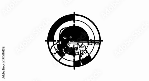 Figure in ski mask aims rifle within a target scope