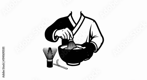Person in traditional robe prepares matcha tea using a whisk and bowl
