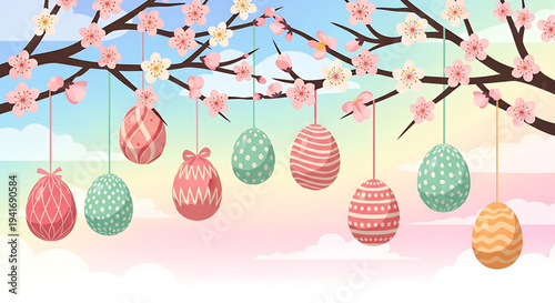 Happy Easter painted eggs hanging on blooming cherry tree branches with a pastel sky background