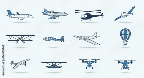 Collection of Various Aircraft and Flying Machines in Line Art Style.