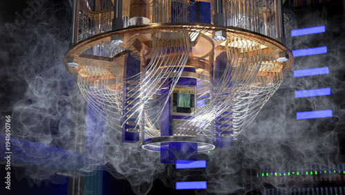 3d render of the bottom portion of a quantum computer surrounded with cooled vapor.