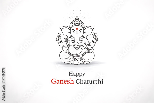 Line art depiction of ganesha with festive text below the deity