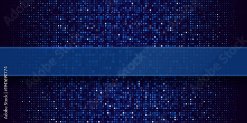 Abstract blue futuristic tech background of digital glowing pixels. Glass horizontal empty frame for your information. Vector illustration.