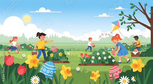 Happy children joyfully celebrate spring with an exciting Easter egg hunt in a vibrant garden, collecting colorful hidden eggs among blooming flowers