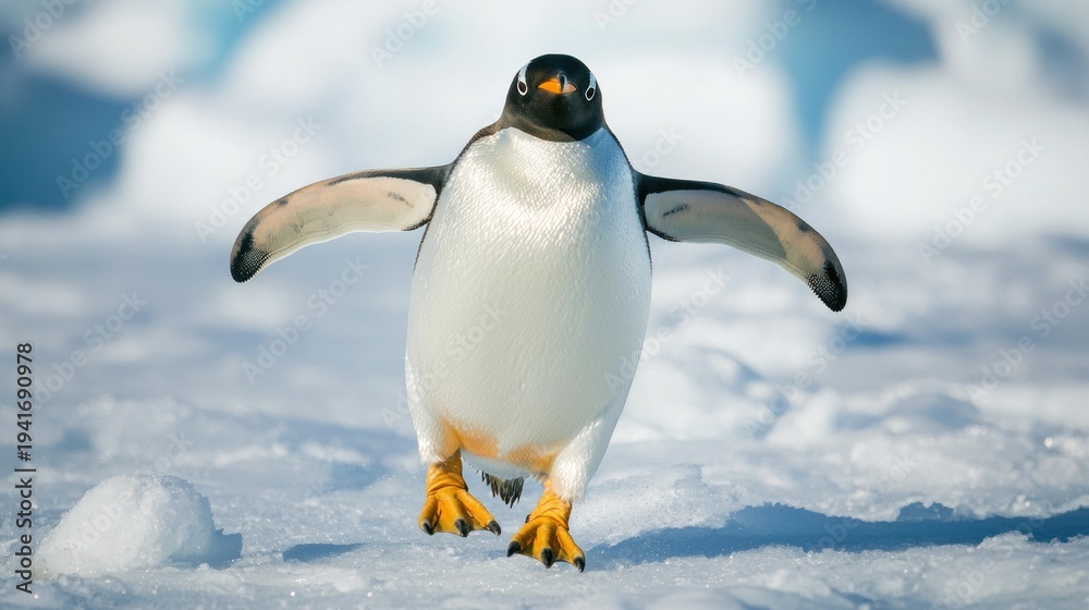 Fototapeta premium A penguin walking on snowy ground with its wings outstretched.