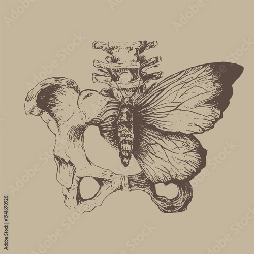 Skeleton butterfly emerging from pelvis bone, surreal anatomical illustration, vintage style