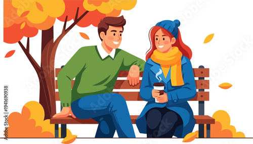 Romantic couple sitting on a park bench talking during the fall season
